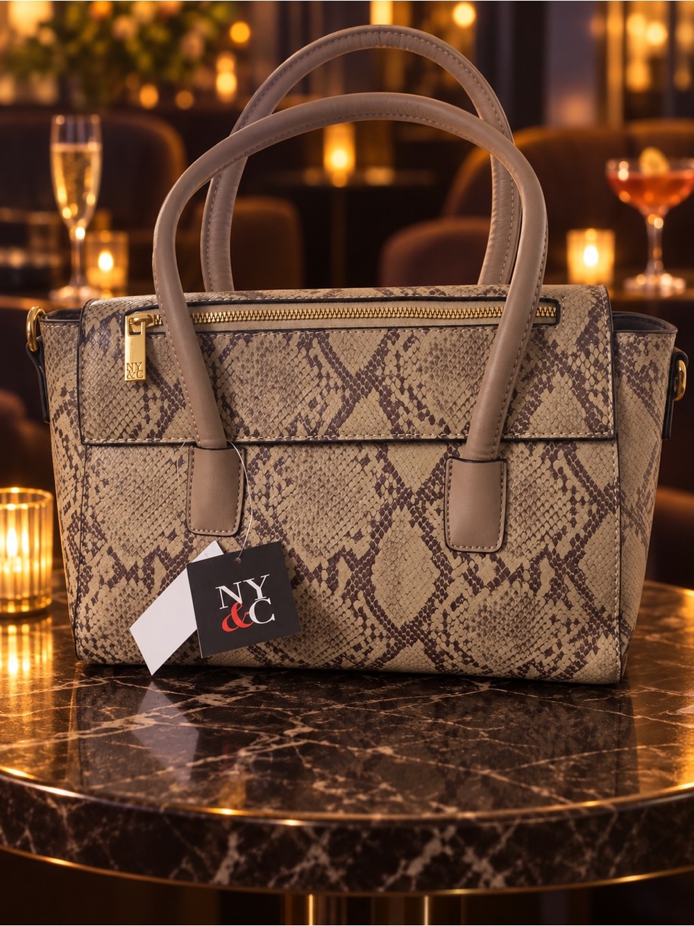 New York & Company Taupe Snake-Print Satchel with Gold Hardware